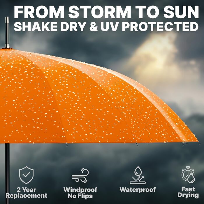 Гольф-парасолька Royal Walk XXL 54 дюйми (140 см) для 2 особи, штормстійка, легка, класична, дерев'яний руків'я, 16 ребер, унісекс (Помаранчевий)