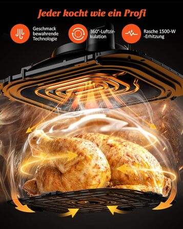 Аерофритюрниця Innsky 6 л, 8-в-1, електрична Heißluftfritteuse XXL, 1500 Вт, LED-сенсор, енергоощадна, тиха (50 дБ), для 3-5 осіб, сіра, квадратна, можна мити в посудомийці