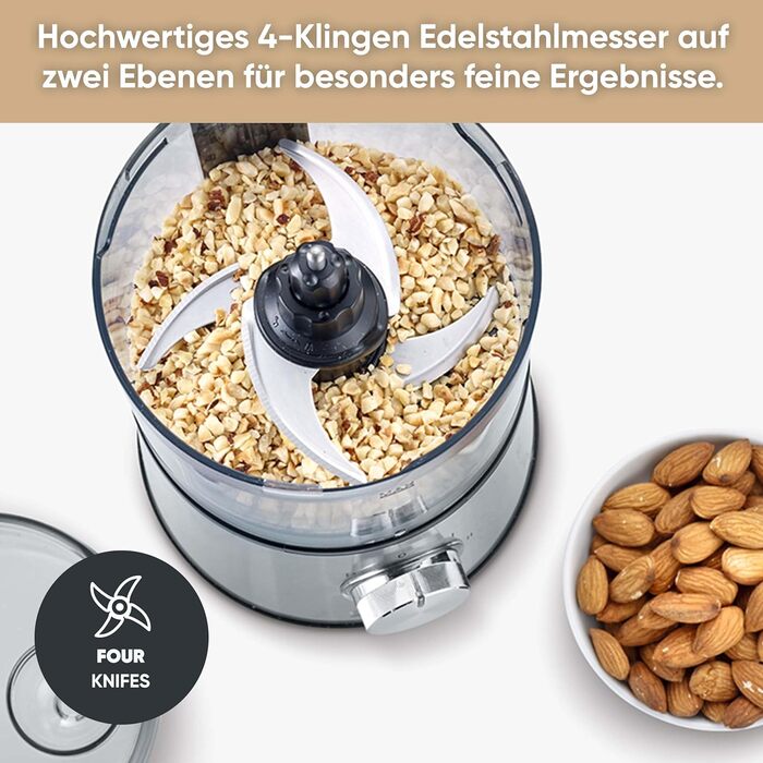 SEVERIN Compact Multi-Chopper, Universal Chopper for Coarse and Fine Chopping, Food Processor with Extensive Accessories, Brushed Stainless Steel / Black, KM 3865