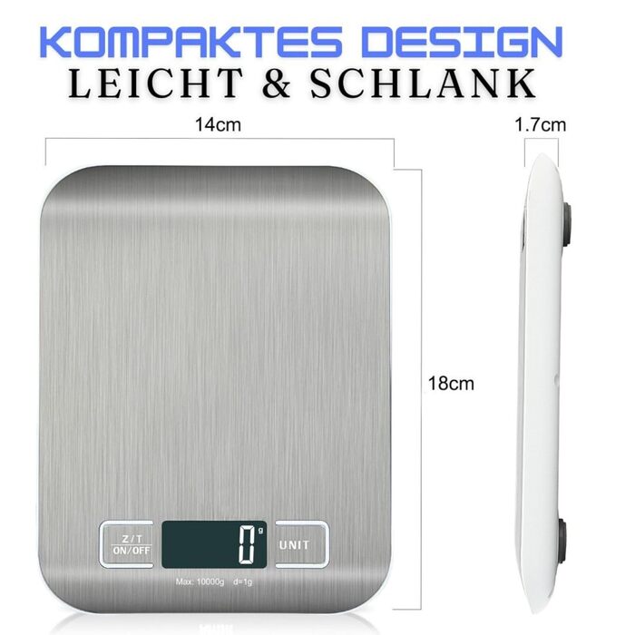 Кухонні ваги DIVID® - професійні цифрове ваги, 0,001 кг - 10 кг, LCD дисплей, функція тарування, ваги для рідини, велика поверхня з нержавіючої сталі