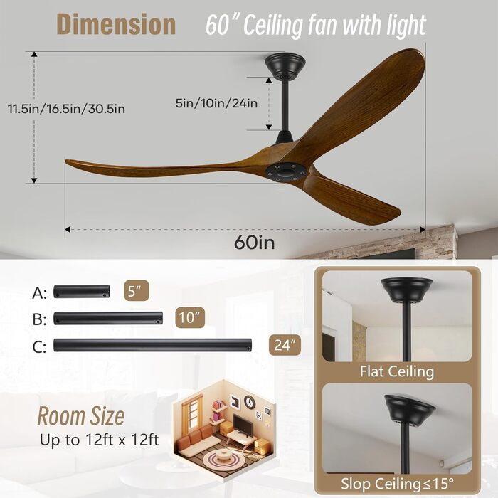 152 см, дерев'яний стельовий вентилятор з дистанційним керуванням, 3 лопаті, DC-двигун, для дому та вулиці, таймер, без освітлення