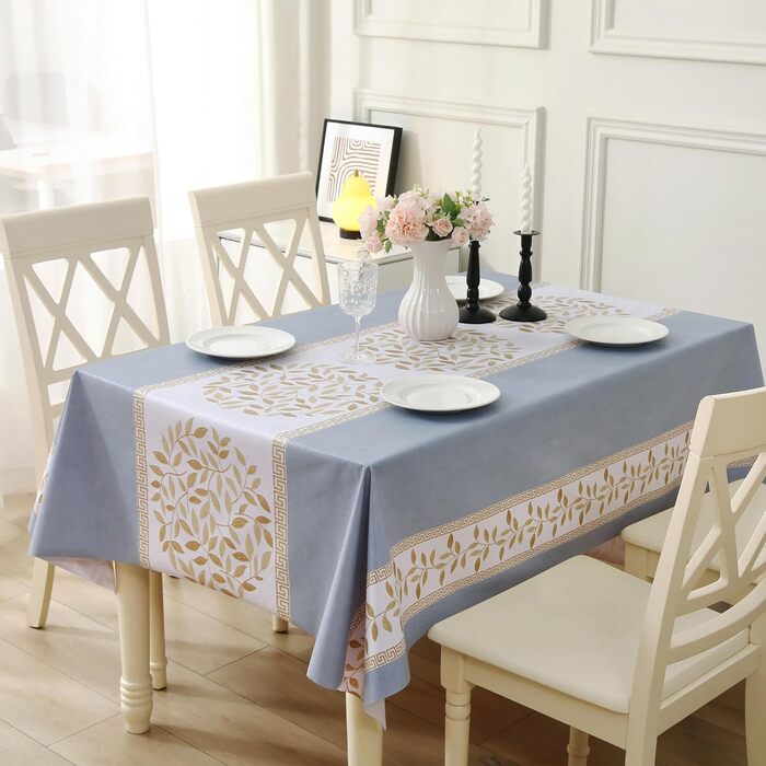 Rayapot PVC Tablecloth Wipeable Table Cover, Plastic Washable Cuttable Tablecloth, Plastic Waterproof Tablecloth, For Kitchen Dining Room - Leaves - Blue - 140x220cm