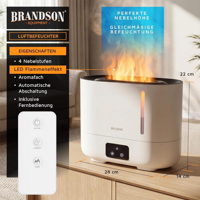 Зволожувач повітря Brandson з ефектом полум'я, керуванням від пульта, тихий, ультразвуковий, 4 режими туману, резервуар 3 літри, відсік для аромамасел, LED-підсвітка, для офісу, вітальні, спальні
