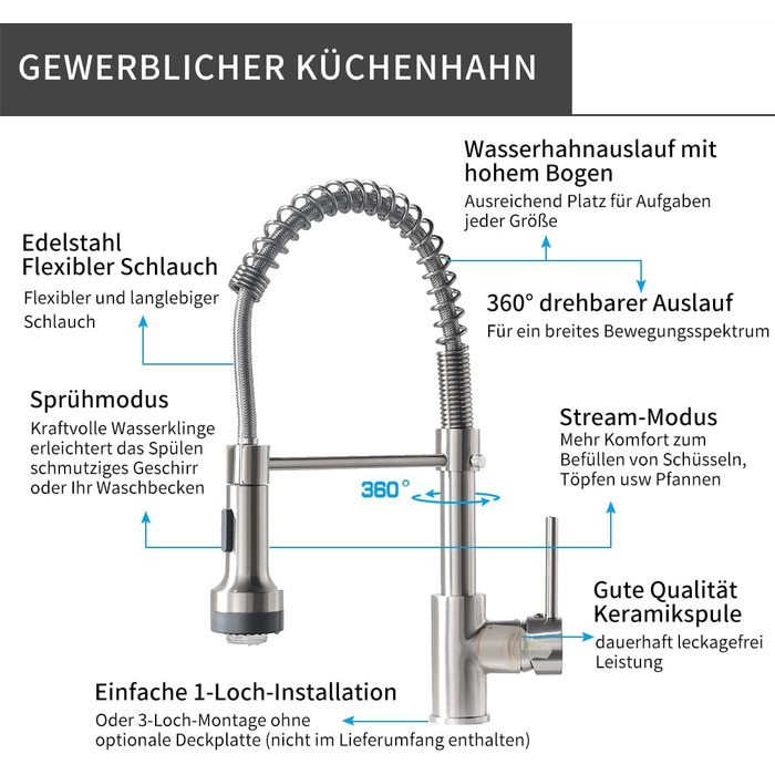 Кухонний змішувач AIMADI висувний, високотискний, з 2 режимами (струя та розпилення), поворотний на 360°, однорідний, для кухонної мийки (з нержавіючої сталі)