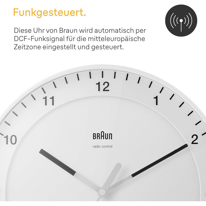 Braun Classic Large Radio Wall Clock, Central European Time Zone (CET/GMT+1) with a quiet movement, easy-to-read dial, 30cm diameter, white model BC17W-DCF.