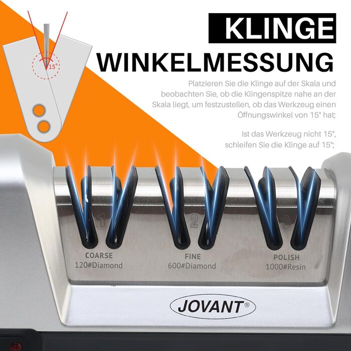 Електричний точило для ножів 15 градусів 3-в-1 для м'яса та овочів, професійний, для грубого, тонкого шліфування та полірування кухонних ножів (включно з кухонними ножами)