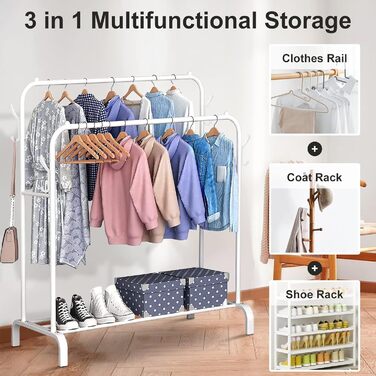 Metal Clothes Rack Clothes Stand Stable, Double Rod Durable with 1 Tier Shelf and 4 Side Hooks, Freestanding Clothes Rack, Multi-Purpose Organizer, Bedroom (Black2)