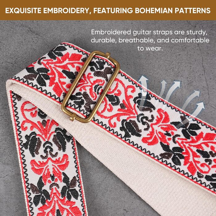 Гітарний ремінь Jacquard з вишитою бавовною та шкіряними кінцями для акустичної гітари (Gs-75-5, 5 метрів, червоний)