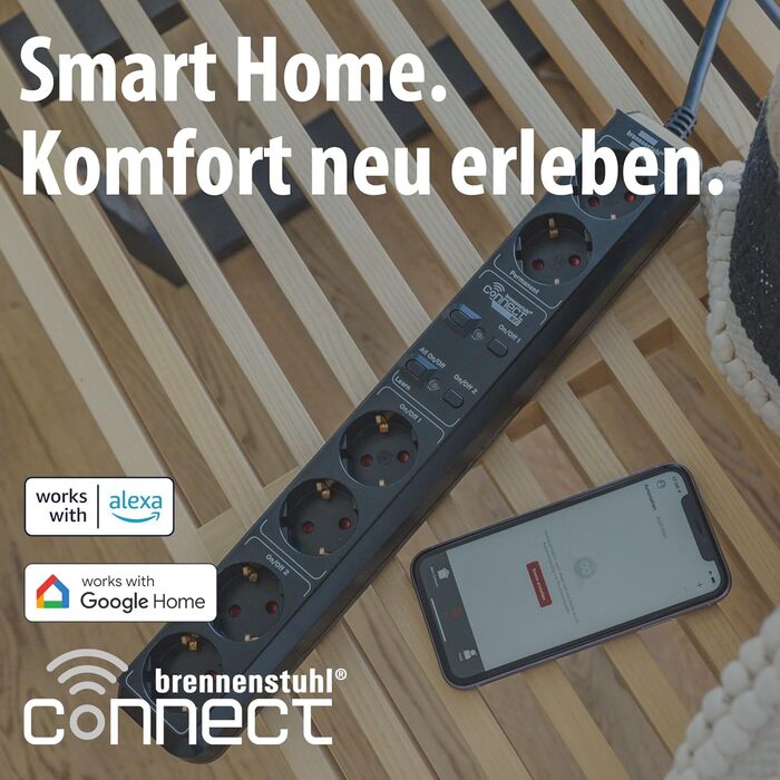 Розумний подовжувач Brennenstuhl Connect Eco-Line WiFi на 6 розеток, керування через додаток, Alexa та Google Assistant, кабель 1.5м, чорний