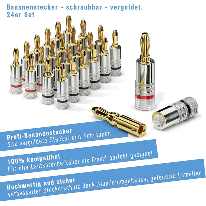 Набір позолочених бананових роз'ємів Sonero S-SC000-24 (24 шт), для акустичних кабелів до 6мм², High-End, червоні та чорні
