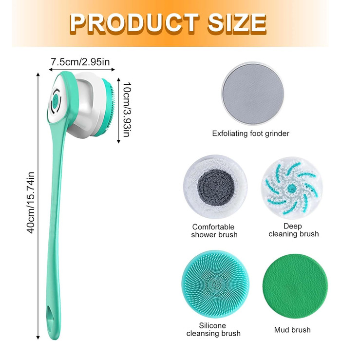 Electric Body Brush Bath Brush Back Brush With 5 Attachments: Long-Handled Back Brush IP67 Waterproof 3 Speed Spin Cleaning Brush for Spa Shower Exfoliating Massage Brush (Green)
