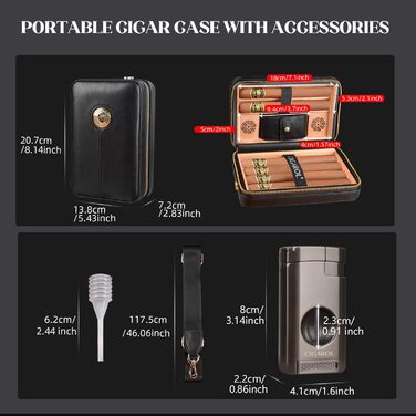 Чохол для сигар, переносний шкіряний гумодор, з запальничкою, вміщує до 6 сигар, чудовий подарунок для чоловіків (без сигар), чорний