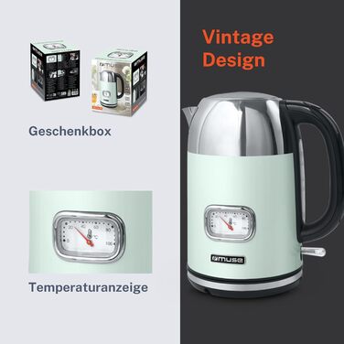 Електричний чайник з нержавіючої сталі MUSE Retro з аналоговим термометром, фільтром, прозорою шкалою, об'ємом 1,7 л, автоматичним вимкненням, матовий золотий (MS-030 BC) (Пастельно-зелений)