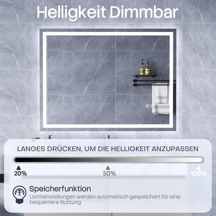 Дзеркало для ванної кімнати HySail з підсвічуванням, 5 мм, висока роздільна здатність, срібне скло, 3 колірні температури, регульована яскравість, сенсорний вимикач, антизапарник, 80 x 60 см