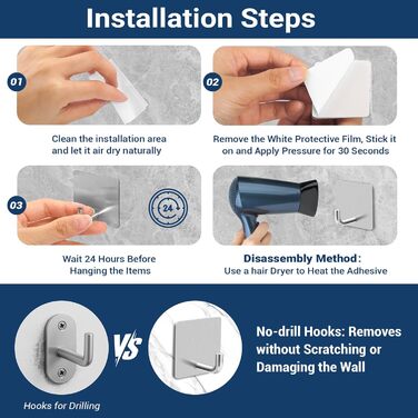 Набір гачків для рушників без свердління 6 шт. з нержавіючої сталі для ванної кімнати та кухні, самоклеючі, до 10 кг, вологостійкі, срібні