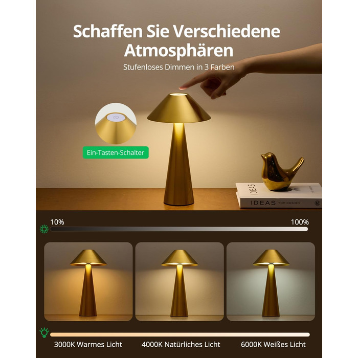 BOJIM 2 шт. LED настільна лампа золота, акумуляторна, USB, бездротова, диммування, магнітна, IP54, вологостійка, для балкона, поворотний наголовник