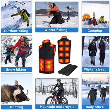 Обогріваючий жилет для чоловіків з акумулятором, 13 зон нагріву, 3 режими температури, чорний, XL