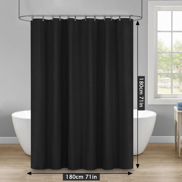 Штора для душу миюча текстильна поліестер 180x180 см чорна з кільцями (1 шт.)