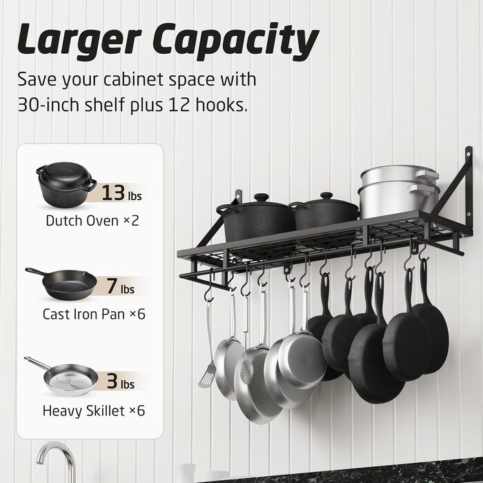 Kitchen Utensil Holder, Pan Holder, Kitchen Shelf, Kitchen with 12 Hooks, Hanging Shelf, Spice, Pan Shelf, Wall Shelf, Kitchen Rail, 75CM Wall Mount, Matte Black, KUR215S75A-BK