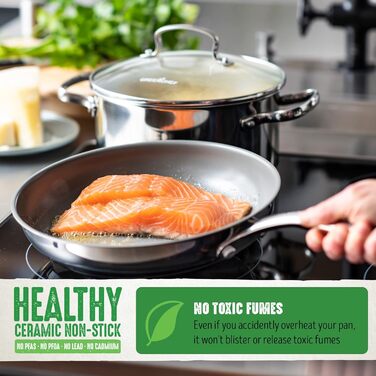 Каструля GreenChef Profile Plus 18 см, 2,1 л, антипригарна кераміка, нержавіюча сталь, з кришкою із загартованого скла, PFAS-free, для індукції, жароміцна до 200°C, срібляста, сіра всередині