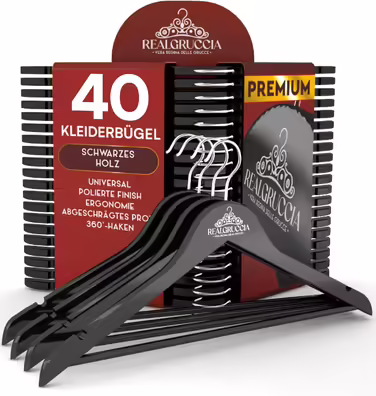 40 Wooden Clothes Hangers with Anti-Slip Grooves, RealGruccia Black Wood Hangers for Trousers, Suits, Shirts - with Trouser Bar, Polished Surface, Swivel Hook, and Angled Profiles - 22x45cm