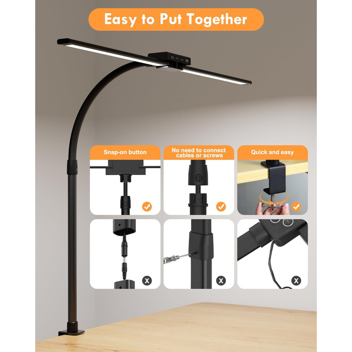 Світлодіодна лампа VUENICEE для столу з регулюванням яскравості та пультом дистанційного керування, 20W, кріплення-прищіпка, офісна лампа, 5 режимів кольору та яскравості, гнусий