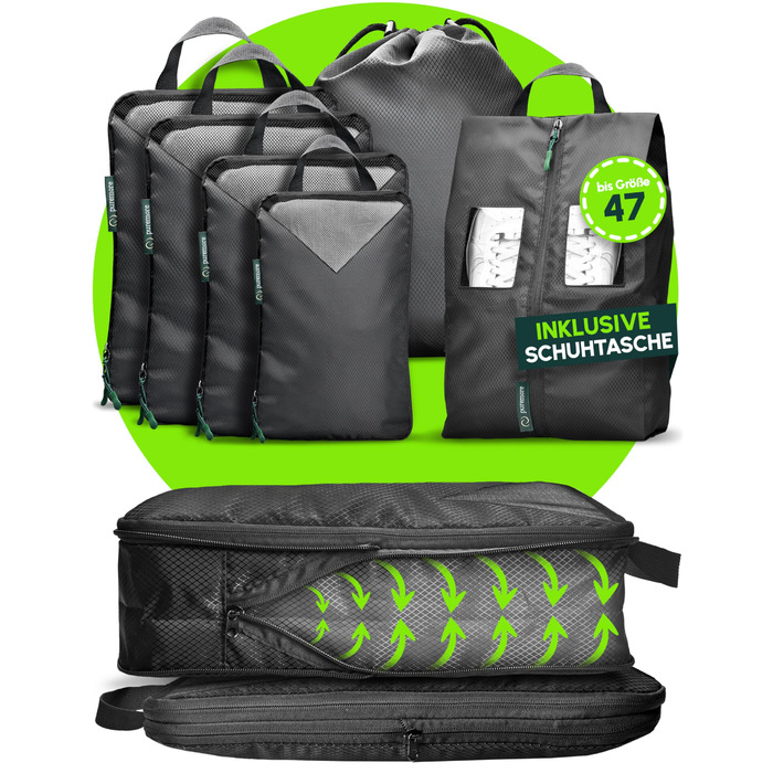 Puremore® Преміум Набір для пакування багажу з компресією (6 шт.) | Органайзери для подорожей | Чохли для взуття | Чорний колір