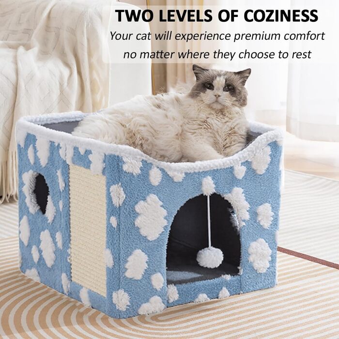 Будиночок-лежанка для кота ERNAN з когтеточкою та іграшкою, розкладний, синій, S