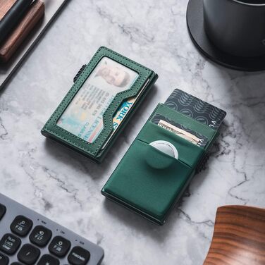 Чоловічий гаманець для карток VULKIT з EDC-відсіками, вікном для ID та RFID-захистом, Pop-Up механізм, металевий тонкий картхолдер (колір: нічний зелений)