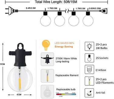 ZOTOYI String Lights Bulbs Outdoor, 15M Outdoor String Lights Bulbs, 25 G40 Bulbs 2 Replacement Bulbs IP65 Waterproof Warm White LED Filament Bulbs for Indoor Decor Outdoor, Party, Festival, Wedding