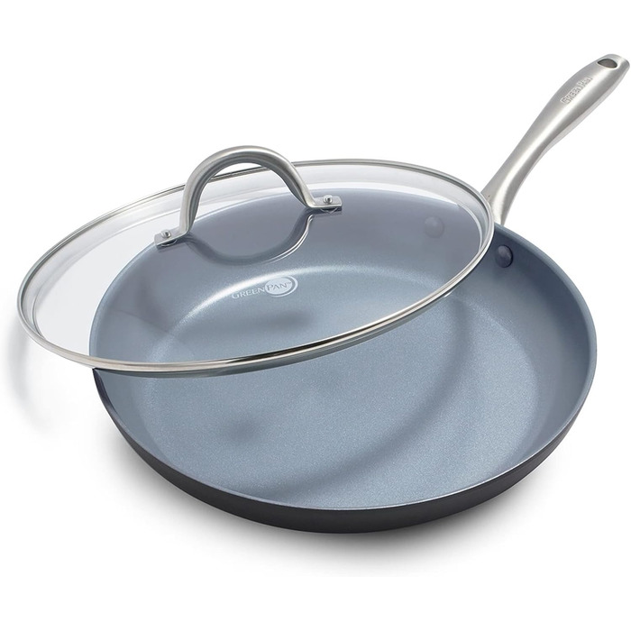 GreenPan Lima сковорода з керамічним антипригарним покриттям, з кришкою, 12 дюймів (30 см), сіра. Без PFOA та PFAS, для плити та гриля, з нержавіючою ручкою. Ідеально для яєць та омлетів.