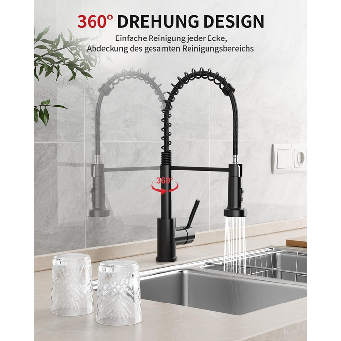 Кухонний змішувач Rainsworth з нержавіючої сталі, чорний, з висувною лійкою та двома струменями, 360° обертання, 45 см