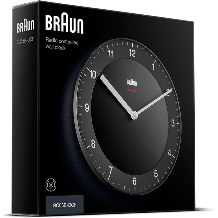Braun Classic Radio Wall Clock, Central European Time Zone (CET/GMT+1) with a quiet movement, easily readable dial with a 20 cm diameter in black, model BC06B-DCF.