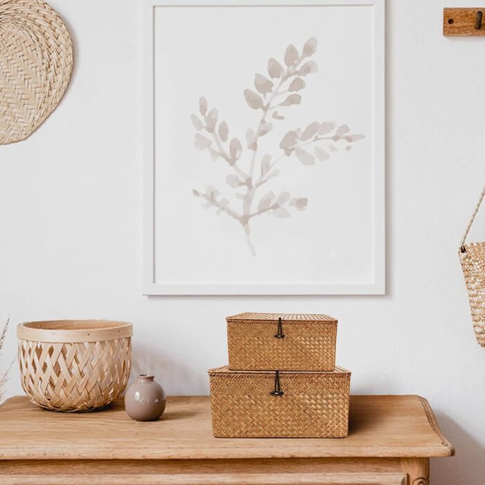 Woven Rattan Storage Basket, Storage Box with Lid, Seagrass, Laundry Baskets, Makeup Organizer for Bathroom, Living Room, Kitchen (XL)
