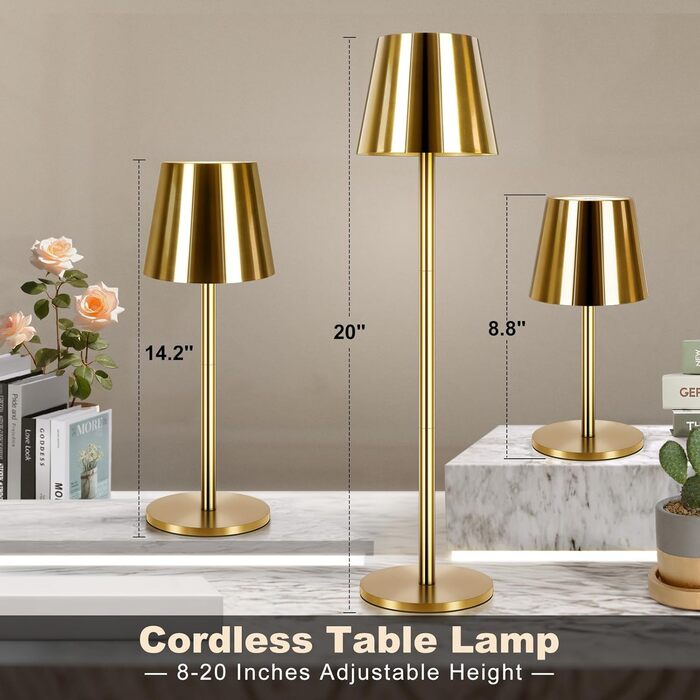 Світлодіодна настільна лампа бездротова з сенсорним керуванням, USB-C, димування, акумуляторна, 3 режими світла, регульована висота, IP54 водонепроникна, золота. Для ресторану, спальні, бару, вулиці