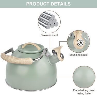 Чайник-заварник Flintronic з нержавіючої сталі, 3л, з дерев'яною ручкою, для всіх плит, чайник-заварник для чаю та кави (зелений)