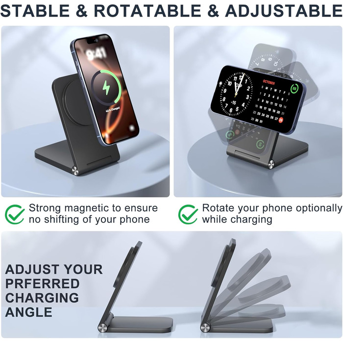 Бездротовий зарядний пристрій MagSafe, складаний, швидка зарядка, сумісний з iPhone 17/16/15/14/13/12, AirPods 3/2/Pro 2/Pro, чорний