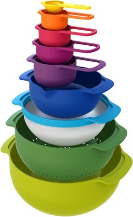 Joseph Joseph Nest 9 Plus – набір для приготування їжі з пластику, 9 предметів, різнокольоровий (сито, миски, мірні ложки)