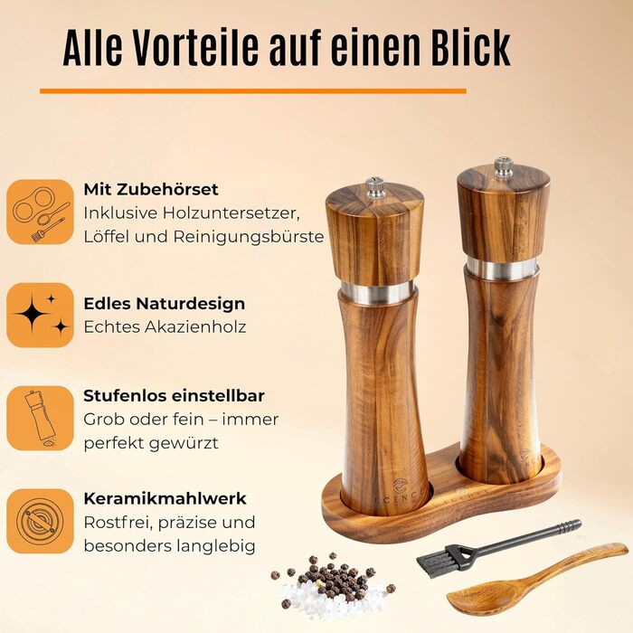 Набір з 2 мельниць для солі та перцю Ecence Holz з акації з керамічним механізмом, пензлик та підставки в комплекті