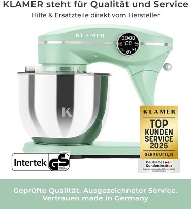 Кухонний комбайн KLAMER 1800W, планетарний міксер для тіста з чашею з нержавіючої сталі 6л (Premium Mint)