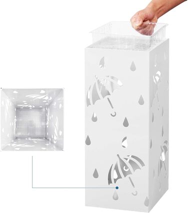 Lestarain Metal Umbrella Stand with Water Tray and Hooks - White Cube Design, 20x20x49cm