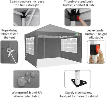 COBIZI Gazebo 3x3 Waterproof Folding Gazebo with 4 Side Walls Outdoor Folding Gazebo Stable UV Protection 50+ Pop-Up Garden Gazebo Party Tent for Outdoors, Garden, Party, Wedding, Market (3x3m Gray)