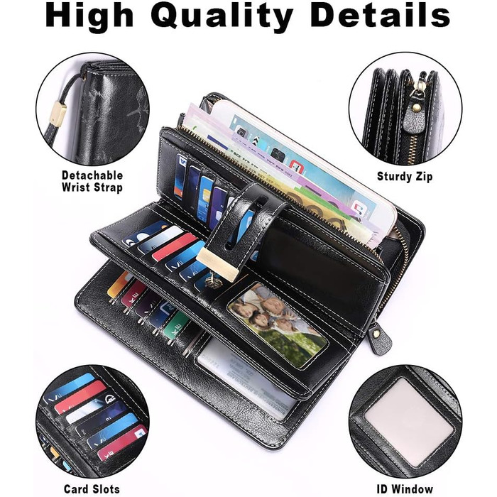 LUROON Wallet for Women Large with Many Compartments, Leather Wallet for Women Large with 24 Card Slots, RFID Women's Wallet Long Wallet for Women with Phone Pocket and Zipper