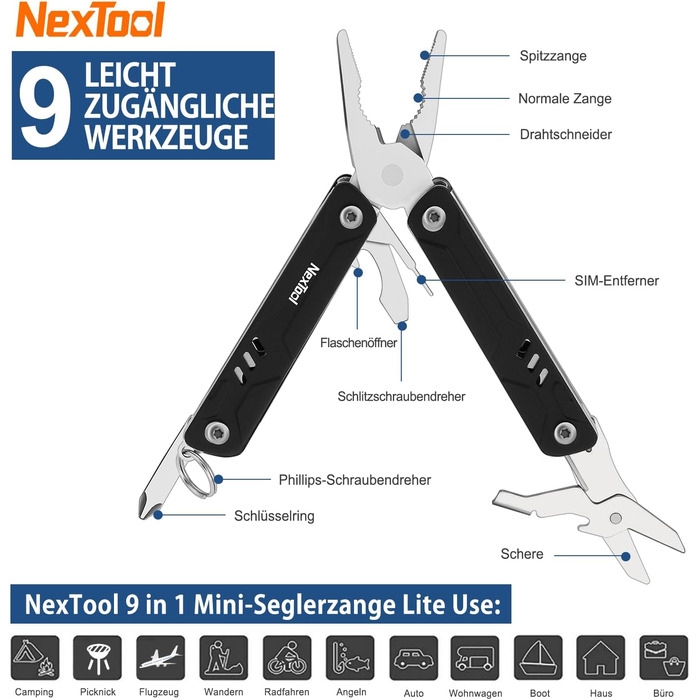 9-in-1 Mini Multitool with Needle-Nose Pliers, Scissors, SIM Extractor, and Screwdriver - For Travel, EDC, TSA Approved, Blade-Free (Mini Sailor Lite)