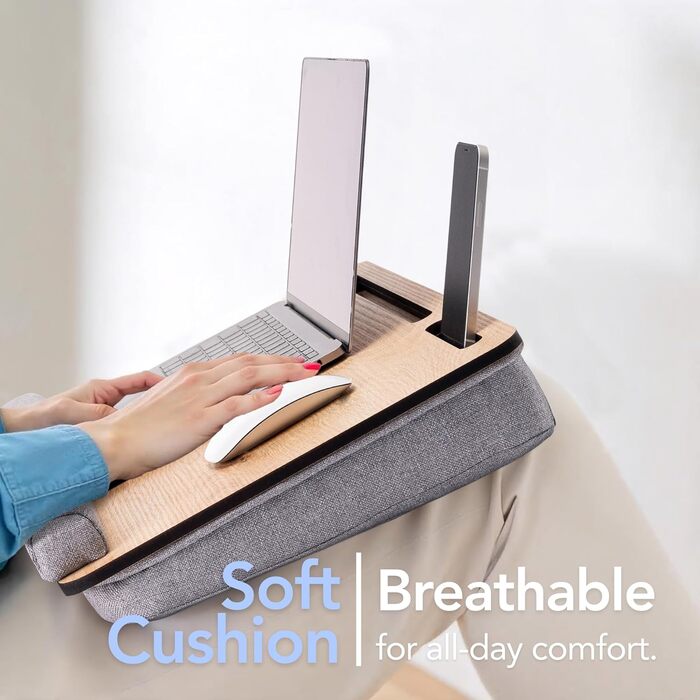 Стіл для ноутбука Vigo Wood - підставка для ноутбука до 17,3 дюймів - килимок-табличка для комфортної роботи в ліжку або на дивані - екологічний столик на колінах для home office (Cambridge & Braun) (Дуб & Сірий)
