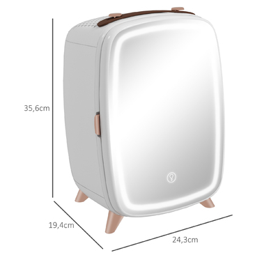 HOMCOM Portable Mini Fridge for Cosmetics, Drinks, and Snacks - Compact Design with Illuminated Mirror, Quiet Operation, 6L Capacity, White