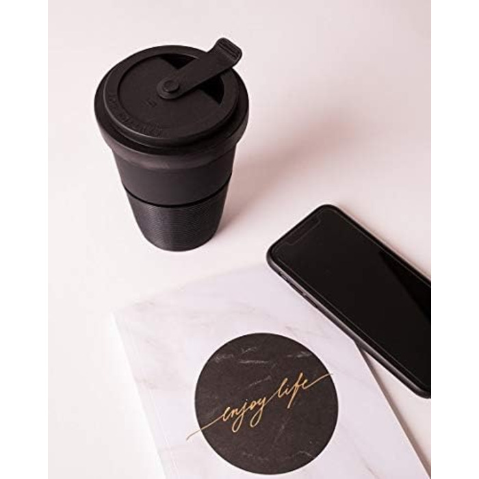 Mahlwerck Coffee-to-go Mug, Porcelain Coffee-to-go Cup with Leak-proof Lid, Design, Grey, 400ml (1 Piece (1-Pack), Black)