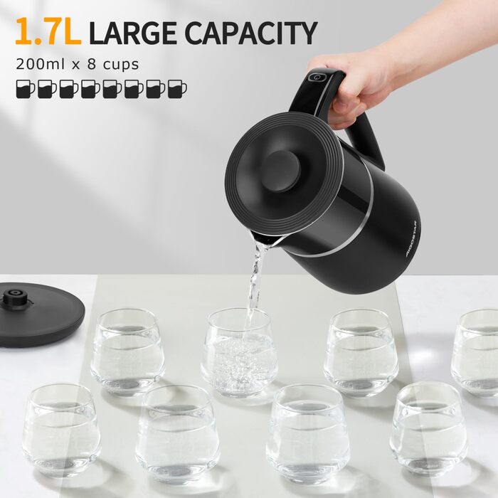 Електричний чайник Aigostar Alva з регулюванням температури 40°C-100°C, 1.7 л, подвійні стінки, Cool Touch, LED дисплей, тихий, бездротовий, з функцією підтримання тепла, 2200W, BPA Free, чорний