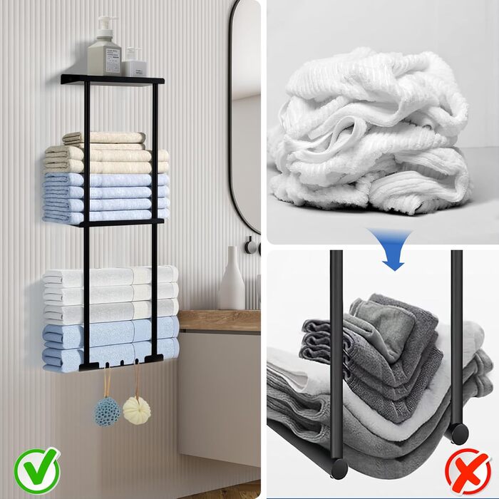Bathroom Towel Rack Wall Mounted Towel Holder No Drilling 3-Tier Bathroom Towel Rack with Metal and 3 Hooks Bathroom Towel Storage Shelf 80 x 26 x 14 cm (black)