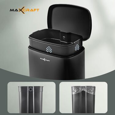 Степле́р для смі́ття 50 літрів зі сталі з внутрішнім відром з пластику - з м'яким закриттям кришки, для кухні, ванної кімнати або офісу - чорного кольору